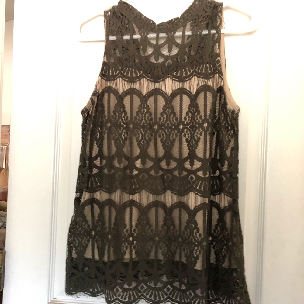 Olive green & tan lace dressy tank